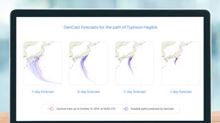 A laptop screen showing DeepMind's AI weather model predicting the path of a typhoon