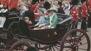Diana, Princess of Wales (1961 - 1997), Prince William and the Queen Mother in a carriage during the Trooping the Colour ceremony at Buckingham Palace in London, June 1988.