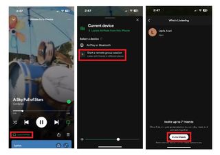 Screen shots of the Spotify app showing how to create a remote session.