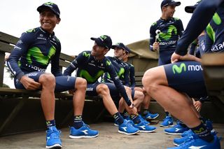 Nairo Quintana and Alejandro Valverde enjoy the ride to the team presentation