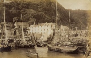 Sepia image of a small fishing harbour