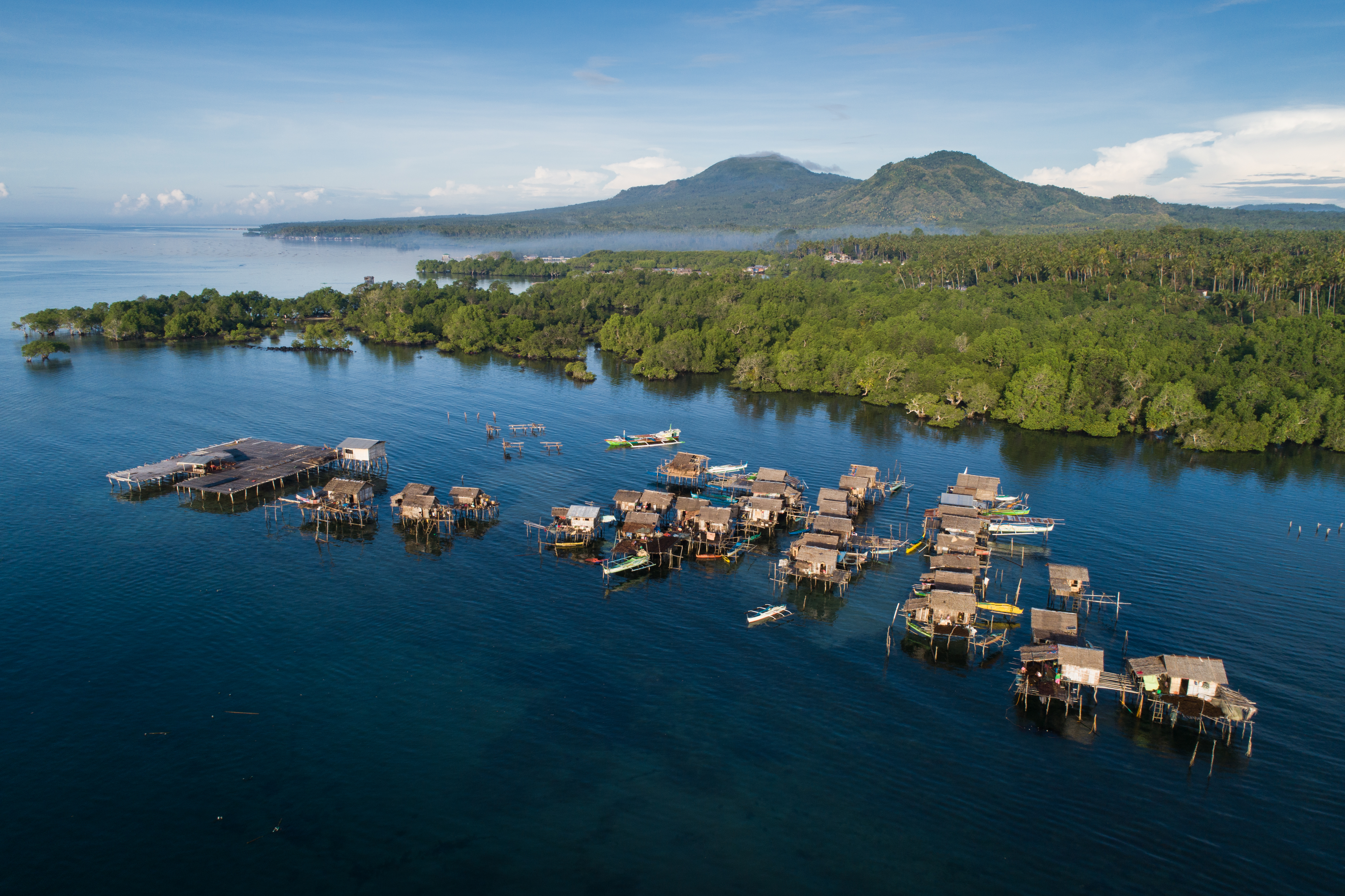 Aerial view of houses in sea belonging to Sama people