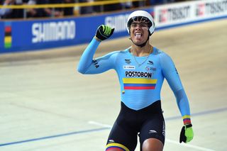 Colombia's Fabian Hernando Puerta Zapata celebrates after winning the men's Keirin final during the UCI Track Cycling World Championships