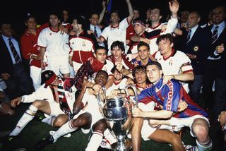 AC Milan players and coach Fabio Capello celebrate their Champions League final win over Barcelona in May 1994.