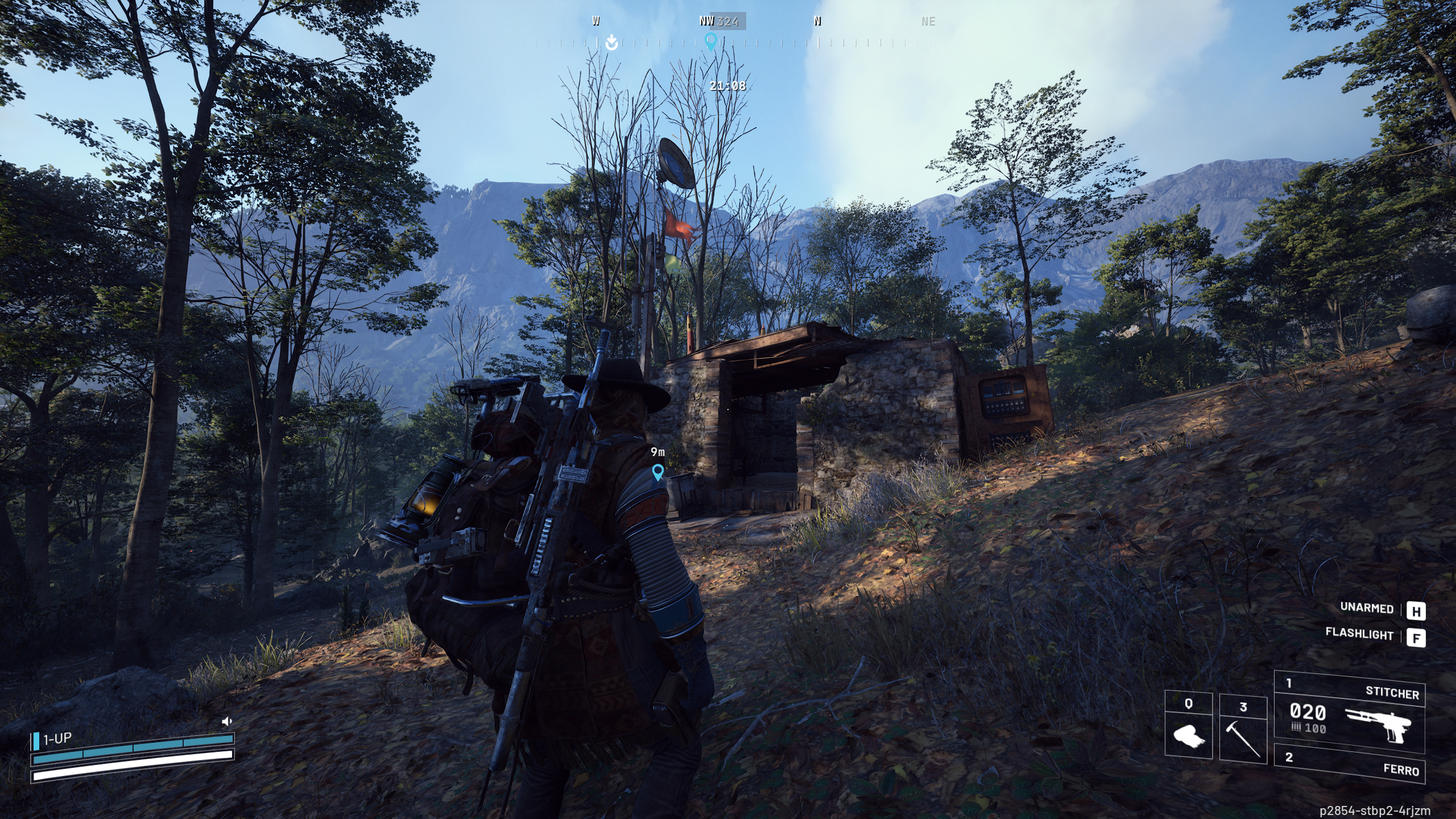 Arc Raiders A First Foothold: A player looking at a derelict Raider structure in Trapper's Glade forest.