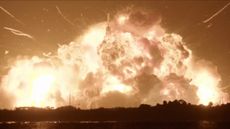 A screengrab from the video of the rocket exploding, showing a giant fireball in the night sky