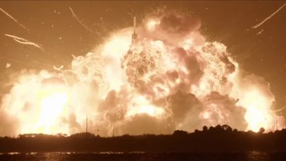 A screengrab from the video of the rocket exploding, showing a giant fireball in the night sky