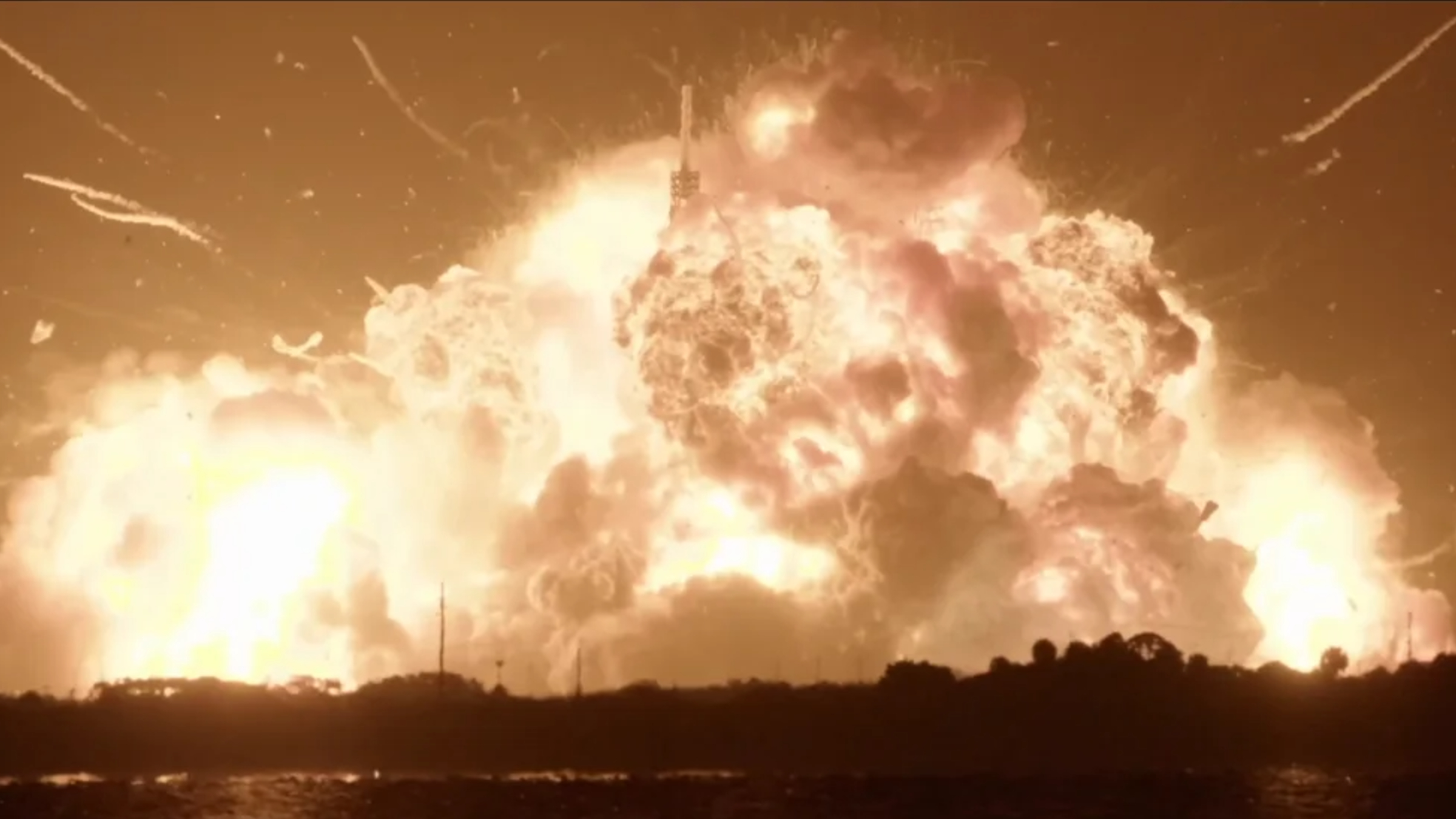 A screengrab from the video of the rocket exploding, showing a giant fireball in the night sky