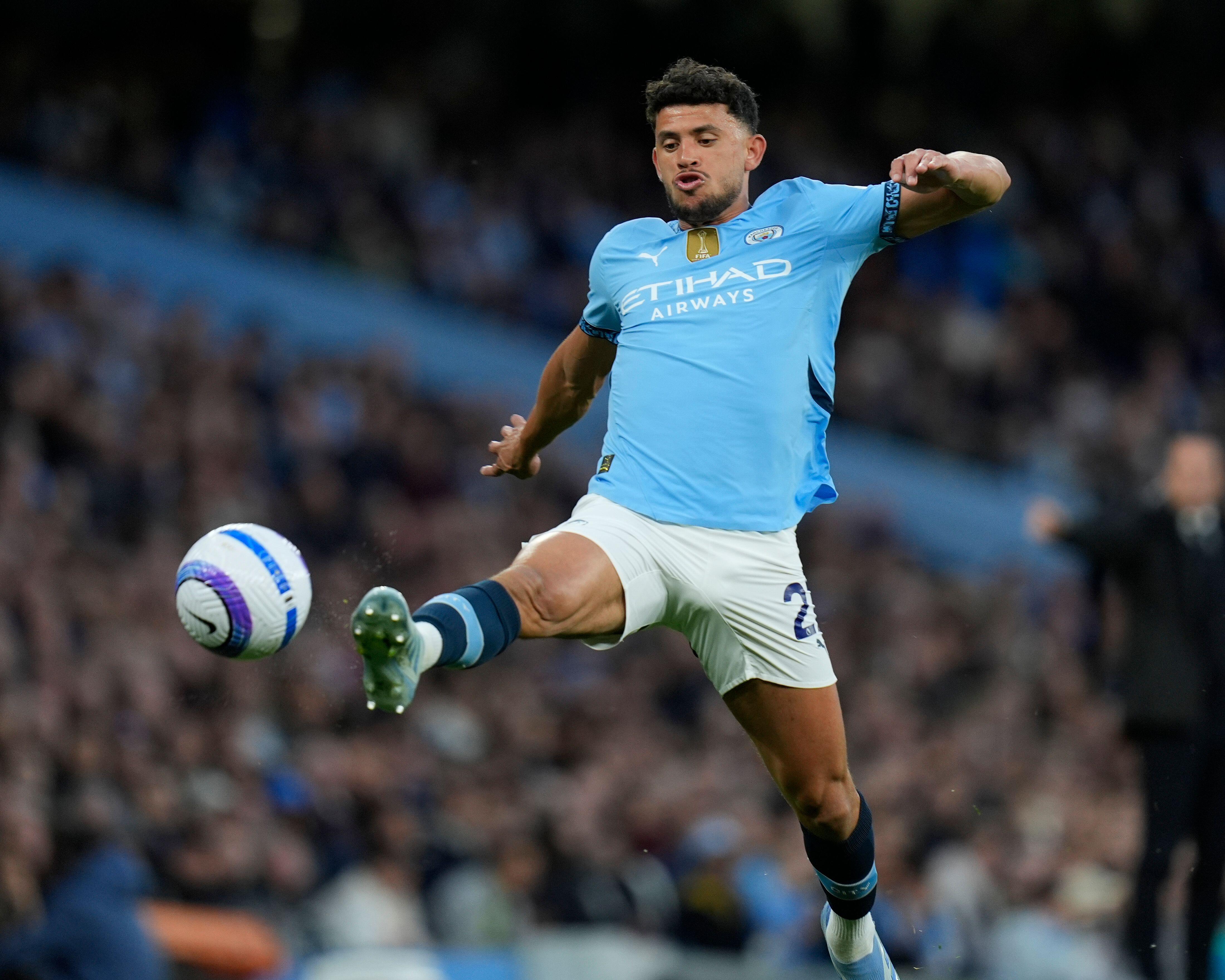 Matheus Nunes stretches for the ball while playing for Manchester City against Aston Villa, April 2025.