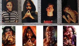 Polaroids of circa 1998 bioware employees arranged above with roughly corresponding Baldur's Gate character portraits below