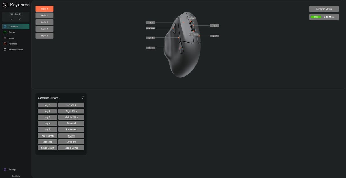 A screenshot of Keychon's Launcher software, as being used to configure the settings of a Keychron M7 8K wireless gaming mouse.