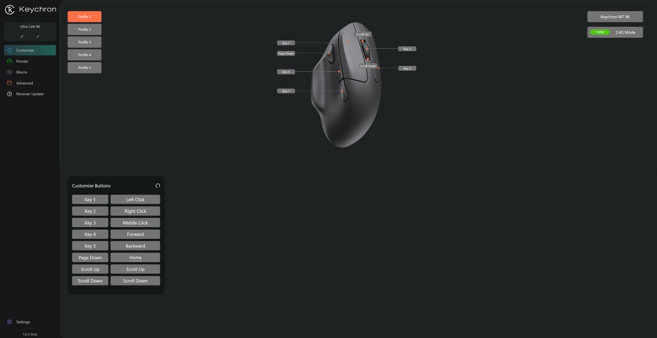 A screenshot of Keychon's Launcher software, as being used to configure the settings of a Keychron M7 8K wireless gaming mouse.