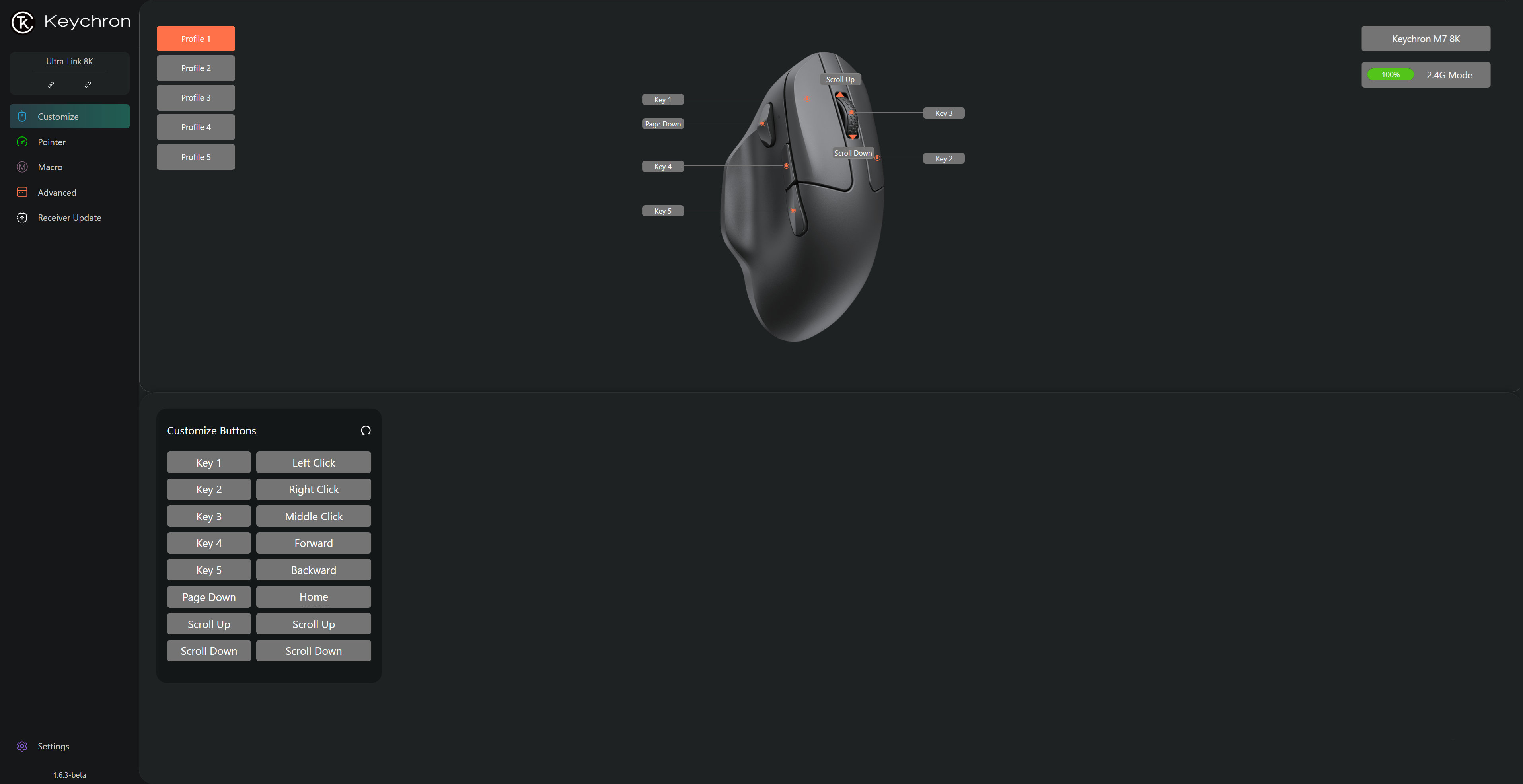 A screenshot of Keychon's Launcher software, as being used to configure the settings of a Keychron M7 8K wireless gaming mouse.