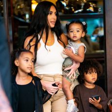 Kim Kardashian is seen with her children North, Saint and Chicago in SoHo on September 29, 2019 in New York City.