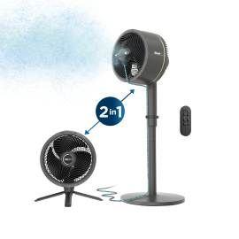 Shark Flexbreeze Fan in two configurations with blue 'mist' coming from the fan against white background