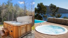 A two-panel image showing the difference between inground vs plug-and-play hot tubs: a plug-and-play hot tub in a garden; an inground hot tub in a deck next to a pool