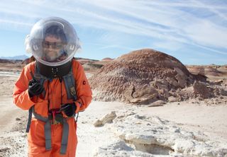 Mars 160 crewmember Jon Clarke on an EVA in the Utah desert.