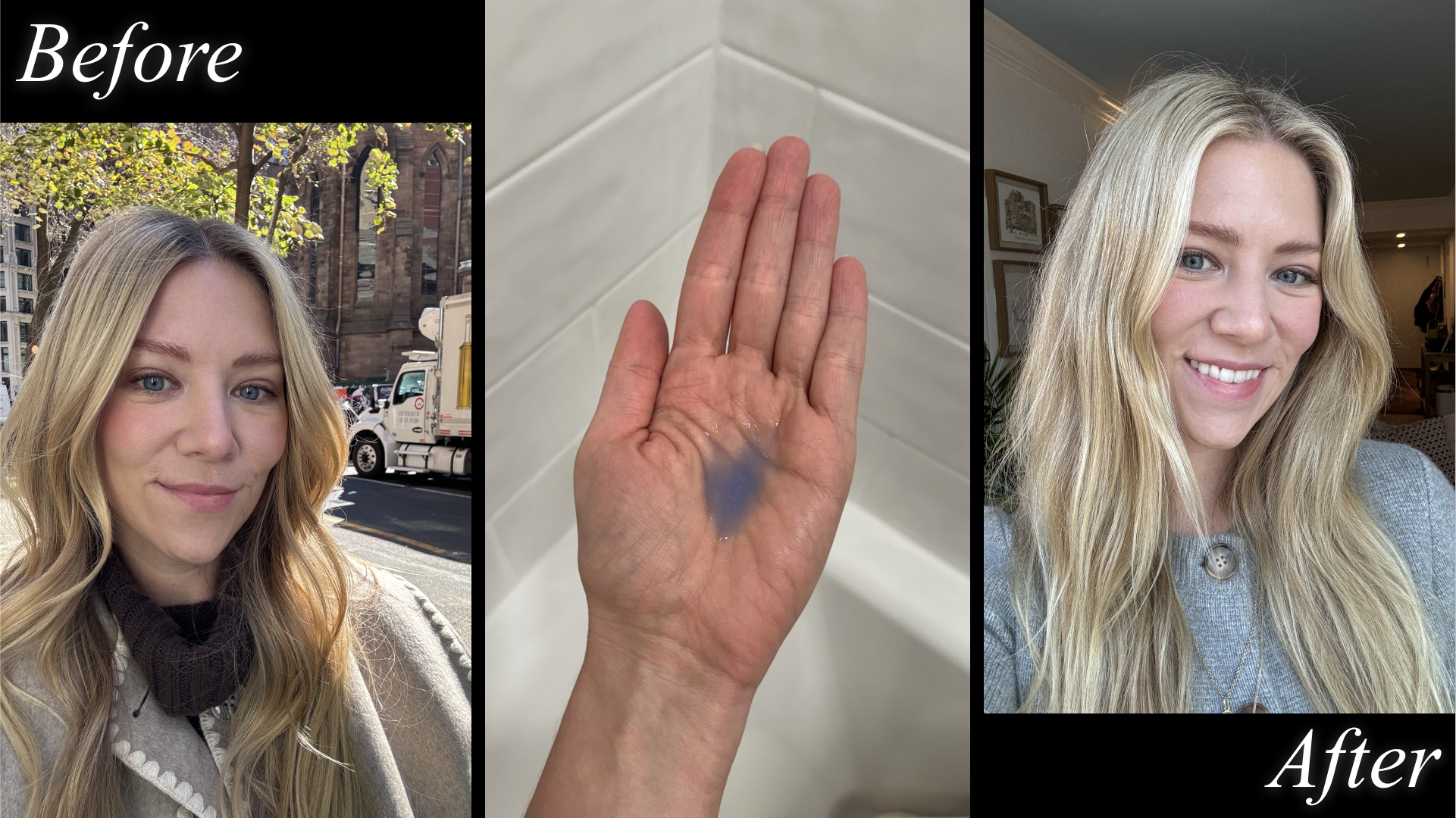 Contributing beauty writer Brianna Peters applies Virtue's purple shampoo.