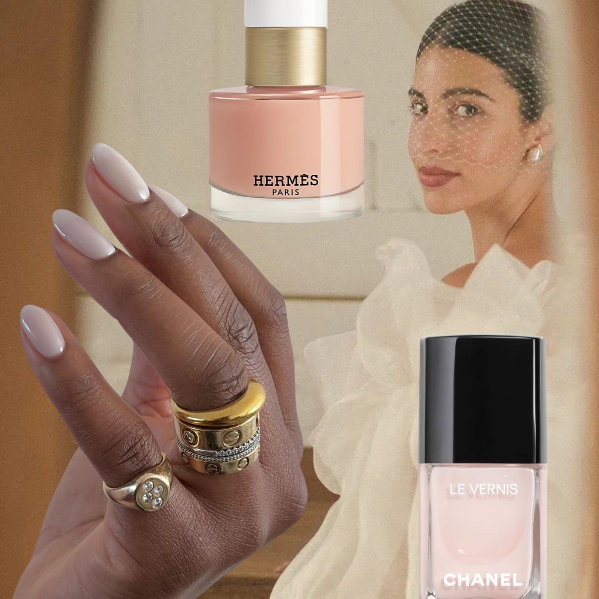 A collage with sheer neutral manicure, sheer pink nail polishes and a photo of a bride
