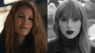 From left to right: Blake Lively almost smiling in It Ends With Us and Taylor Swift in black and white in the Fortnight music video.