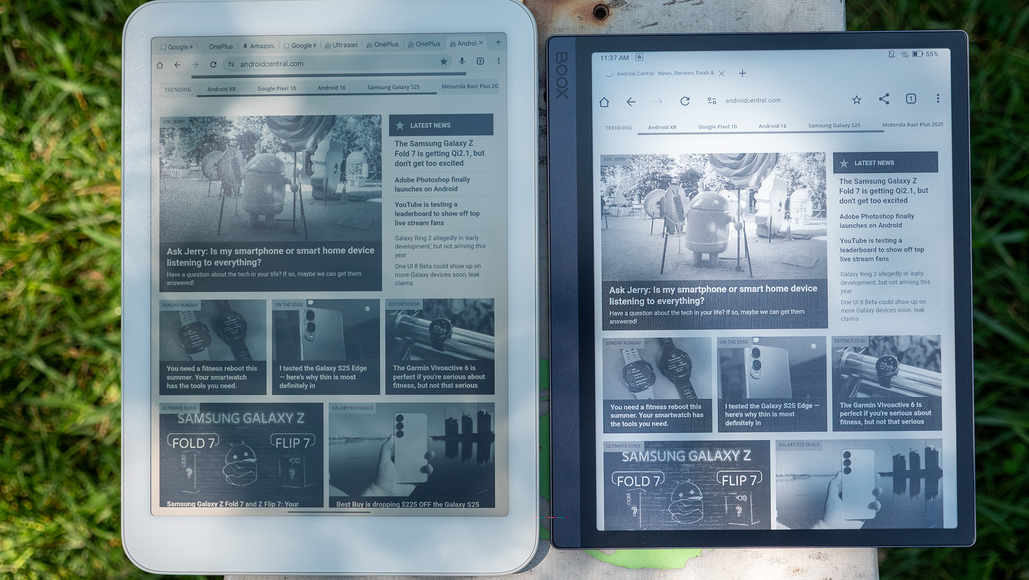 Comparing the Onyx Boox Tab Ultra's E Ink display with the Daylight Computer's RLCD in the shade