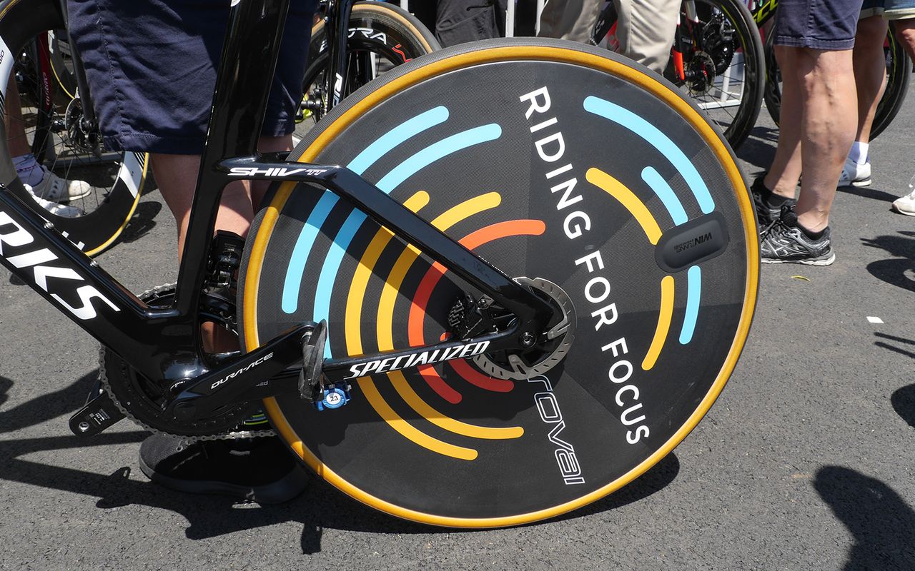 Most of the Deceuninck-QuickStep and Bora-hansgrohe bikes featured Roval 321 rear disc wheels with Specialized's Riding for Focus decals