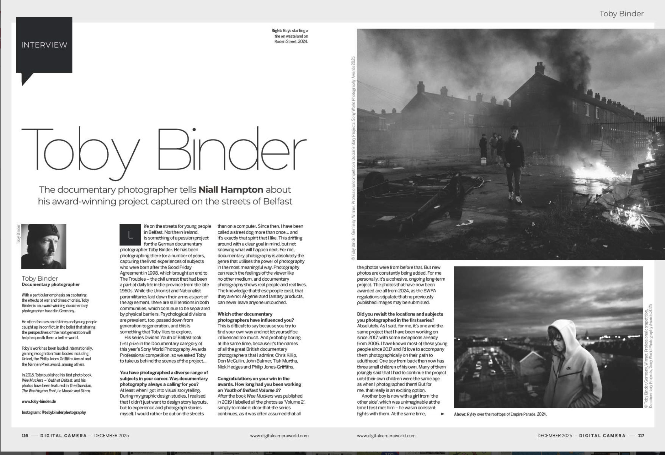 Image showing the first two pages of the interview with Toby Binder in issue 301 (December 2025) of Digital Camera magazine, the winner of the Documentary category in the Sony World Photography Awards 2025 Professional competition