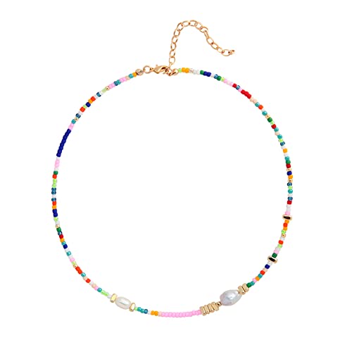 Wellike Colorful Beaded Necklace for Women Real Freshwater Pearl Beaded Choker, Dainty Gold Necklaces for Teen Girls 18k Gold Trendy Y2k Jewelry Gifts for Summer