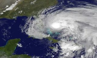 NASA satellite image of Hurricane Sandy moving through the Bahamas.