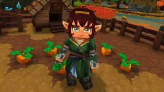 Hytale character with brown hair and wearing a green robe standing in front of their garden of carrots