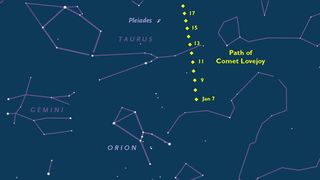 This chart shows how to spot Comet Lovejoy in mid-January 2015, looking southeast at about 8 p.m. local time. Looking to the upper right of constellation Orion will assist in locating Comet Lovejoy.