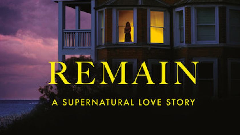 Woman at a window in a seaside house on the Remain book cover. Text reads Remain A Supernatural Love Story