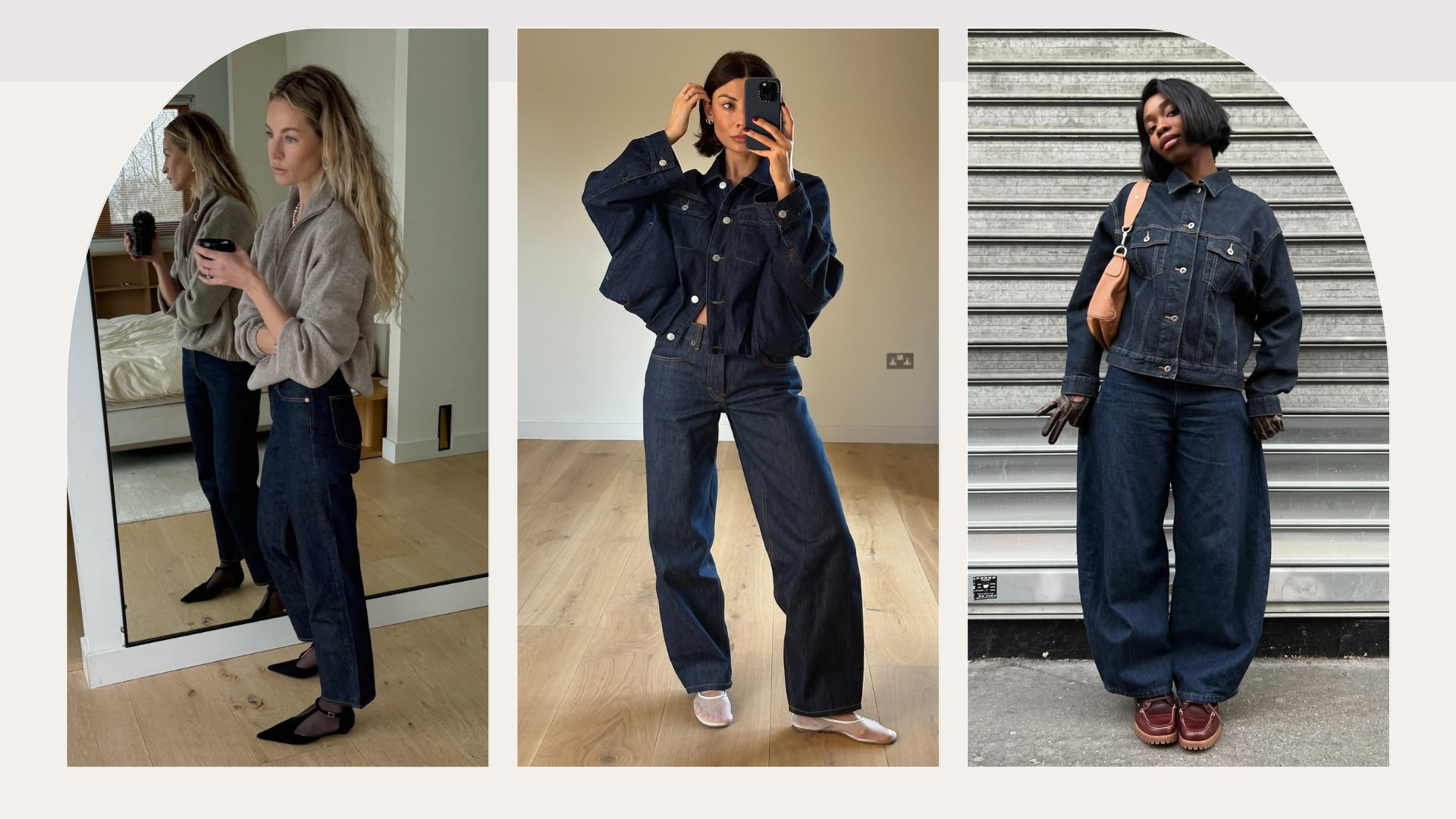 Influencers Sylvie Mus, Aude-Julie Alingue and Marianne Smyth wearing dark wash jeans with boat shoes, mesh ballet flats and t-bar flats. 