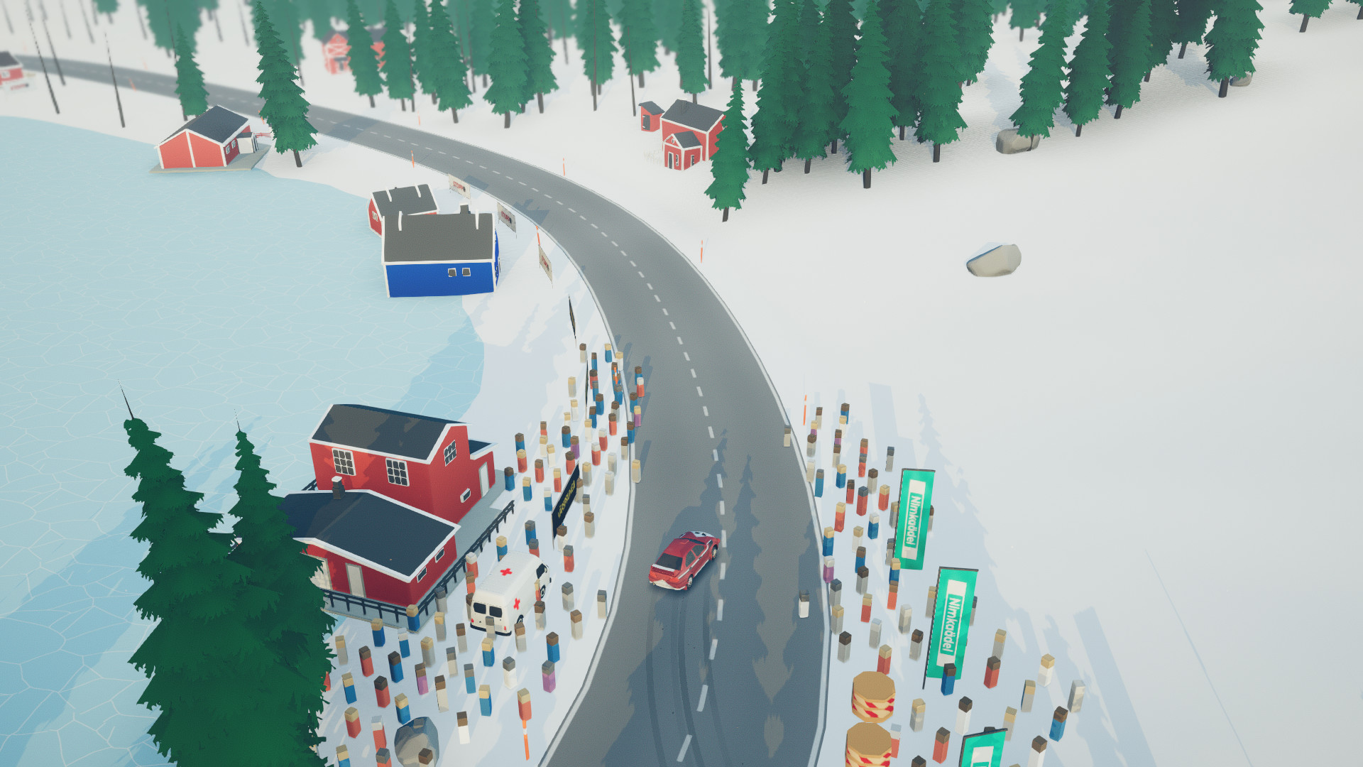 An isometric view of a red rally car driving down a road in a snow-covered environment, with colourful wooden houses and crowds nearby.