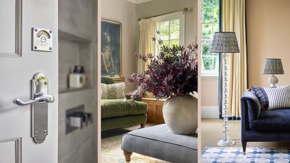 A compilation of three ideas for how to make a home look expensive with door handles, flower arrangements and lighting