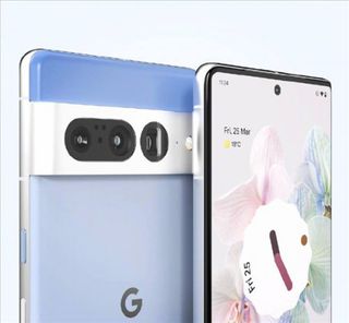An unofficial render of the Google Pixel 7 Pro from the front and back, showing the phone from a sideways angle