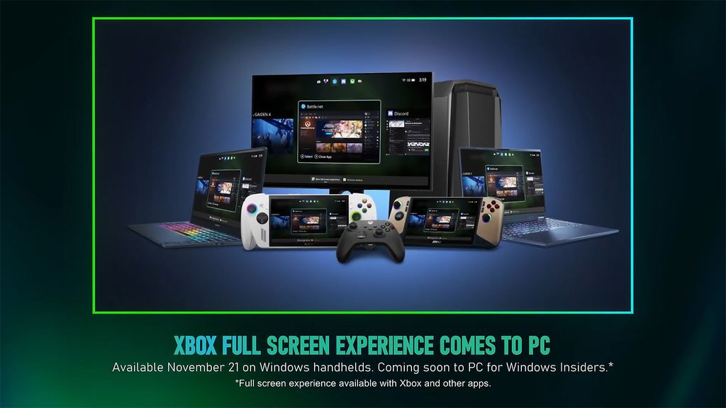 A graphic explaining that Xbox Full Screen Experience releases for all Windows handhelds on November 21.