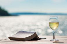 Glass of wine and book against sea background