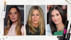 Trio of images (L-R) of Victoria Beckham, Jennifer Aniston and Demi Moore, on a white background with Elizabeth Arden 8 Hour Lip Balm and Lancome Mascara 