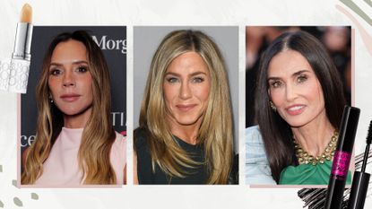 Trio of images (L-R) of Victoria Beckham, Jennifer Aniston and Demi Moore, on a white background with Elizabeth Arden 8 Hour Lip Balm and Lancome Mascara 