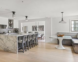 grey kitchen with marble counter