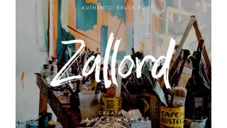 A colourful image of pots of brushes in the background and the text 'authentic brush font. Zallord. Created by Alice Whales.