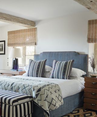 bedroom with bed with blue fabric headboard