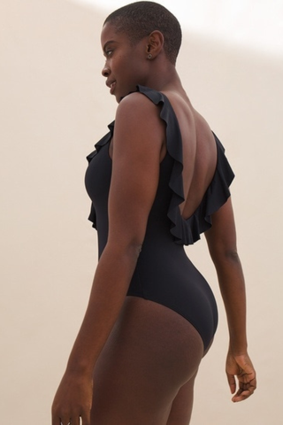 low back swimsuit in black with ruffle