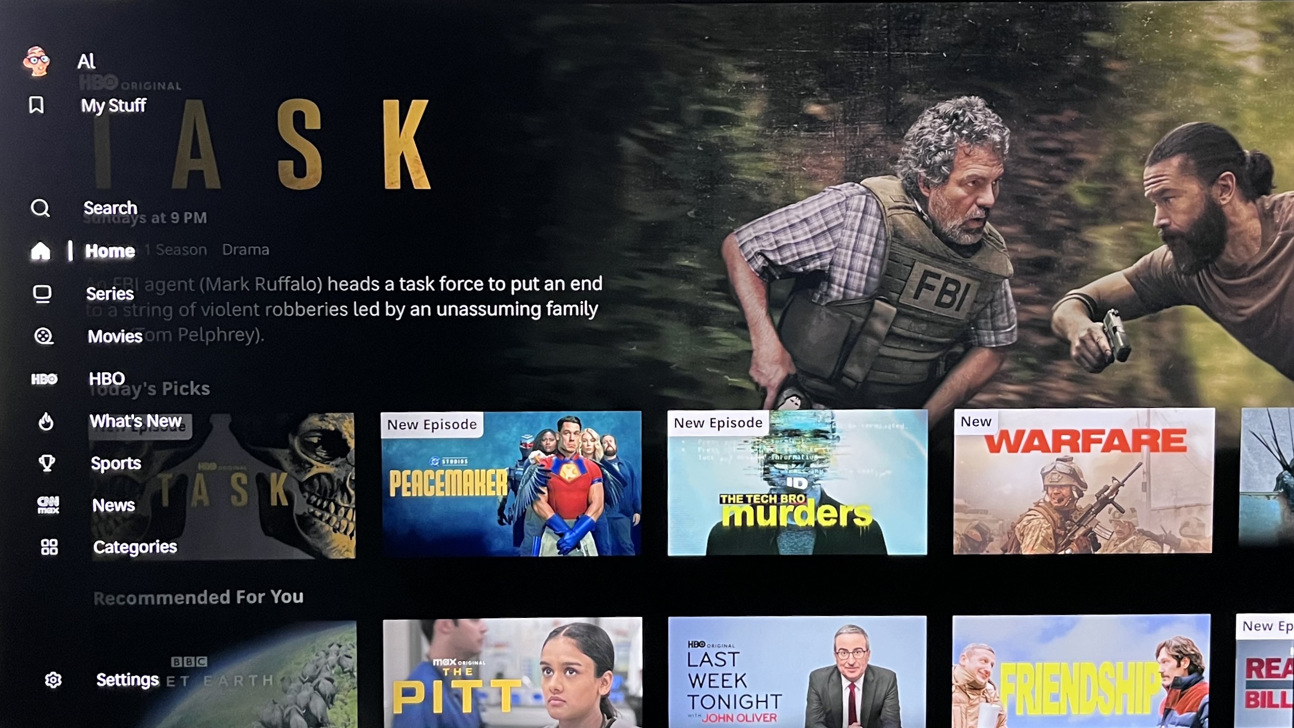 HBO Max interface showing sidebar menu