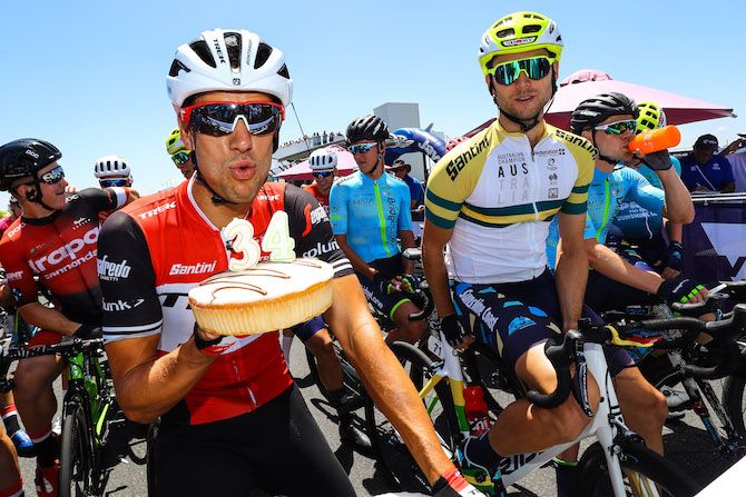 Birthday boy Richie Porte (Trek-Segafredo) enjoys the thought of eating a birthday cake on the start line of stage 1 of the 2019 Jayco Herald Sun Tour