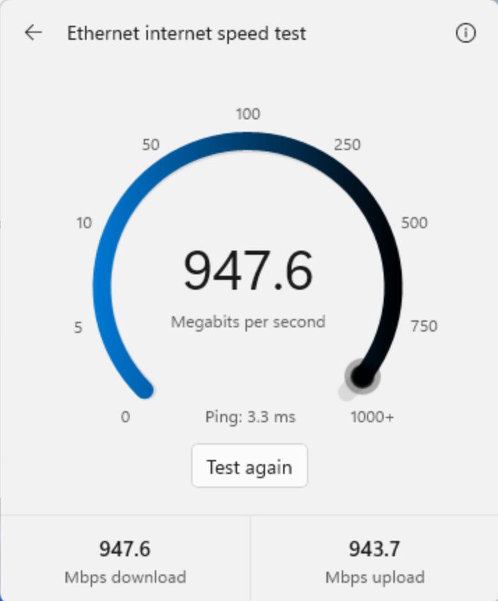 Internet speed test screen showing a wired Ethernet connection with 947.6 Mbps download speed, 943.7 Mbps upload speed, and 3.3 ms ping.