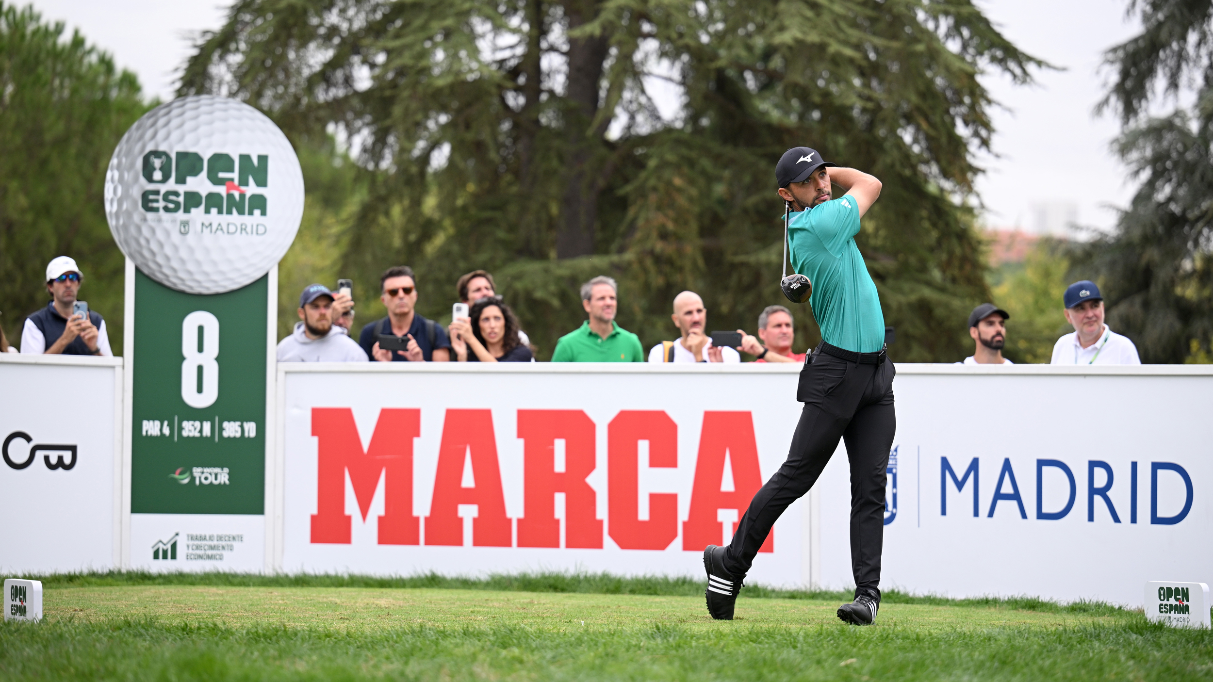 Marco Penge hits driver off the 8th tee in the final round of the 2025 Open de España at Club de Campo in Madrid