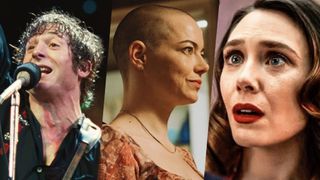 (L-R) Jeremy Allen White as Bruce Springsteen in "Springsteen: Deliver Me from Nowhere," Emma Stone as Michelle Fuller in "Bugonia" and Elizabeth Olsen in "Eternity"