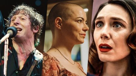 (L-R) Jeremy Allen White as Bruce Springsteen in "Springsteen: Deliver Me from Nowhere," Emma Stone as Michelle Fuller in "Bugonia" and Elizabeth Olsen in "Eternity"